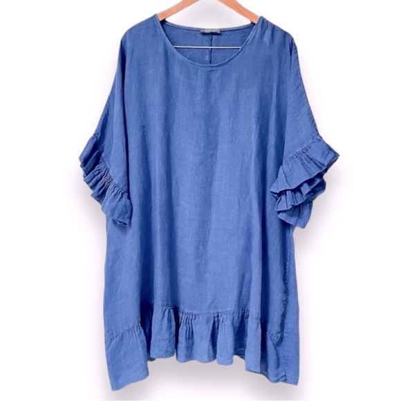 Piazza Del Tempio | Linen Elbow Sleeve Ruffle Dress | Medium | Blue | $35 - Picture 1 of 6